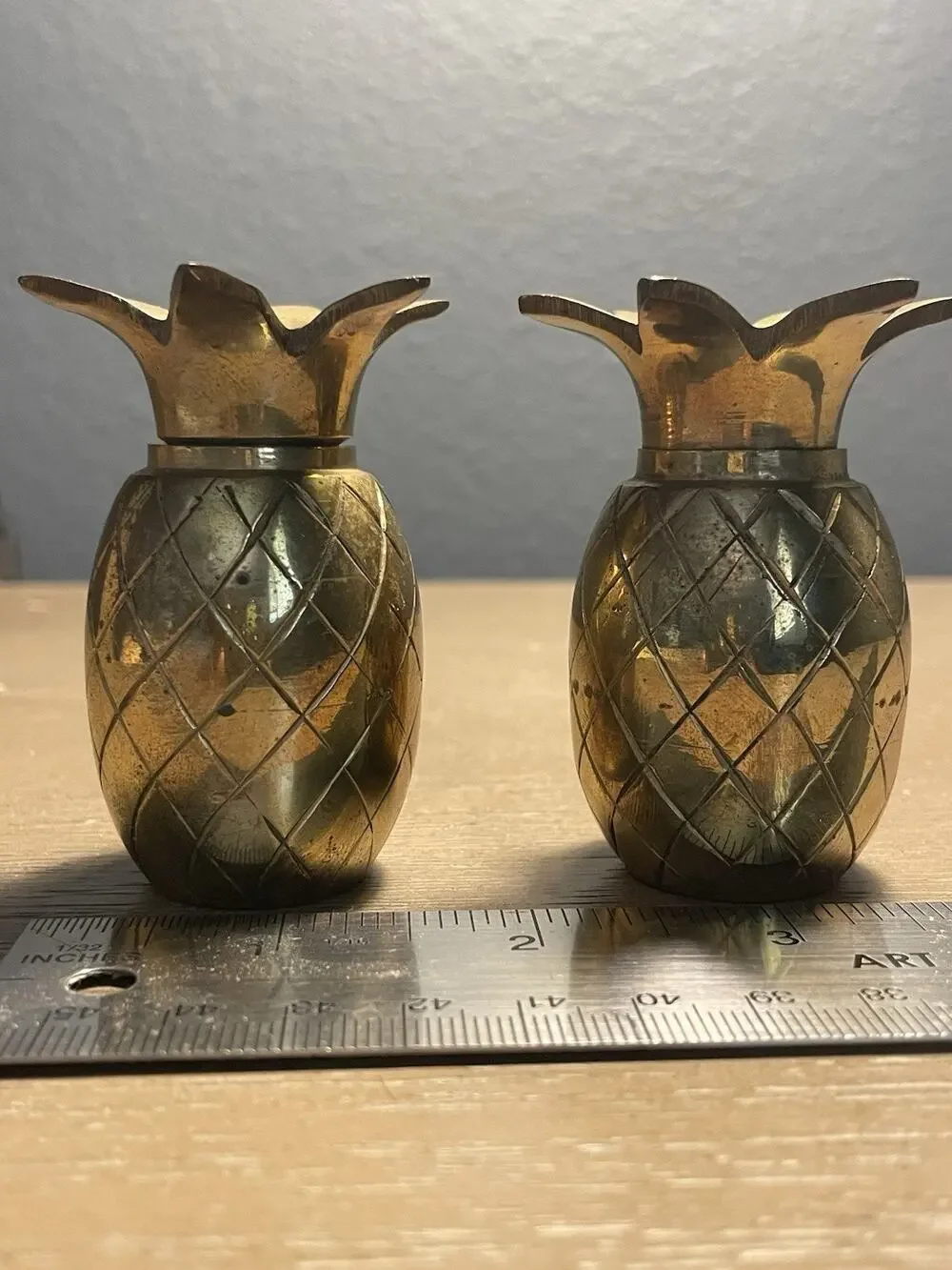 Vintage Brass Pineapple Salt & Pepper Shakers Set Screw Top 3” Retro Decor